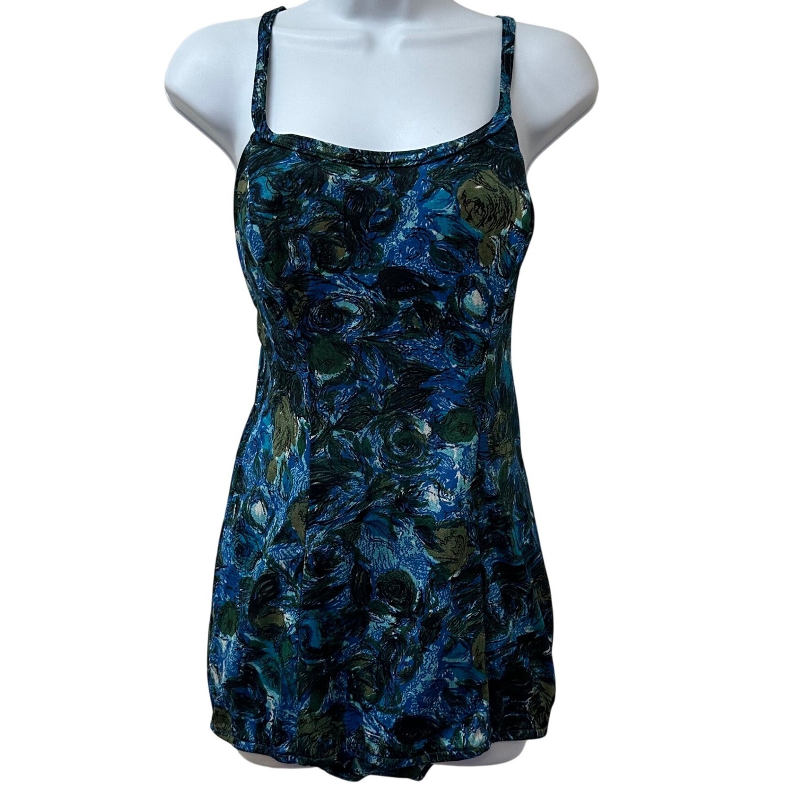Vintage Blue Floral Rose Swim Dress One Piece Swimsuit Made In Calif Size 15/16